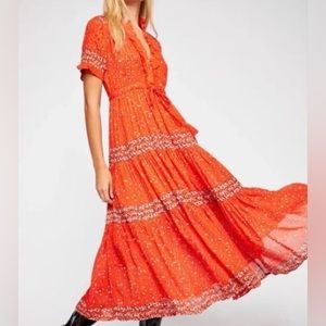 Free People Rare Feelings Orange Boho Maxi Dress